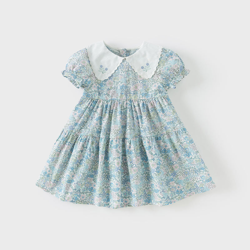 فستان بنات صيفي من القطن الخالص بأكمام منفوشة بطباعة زهرية
