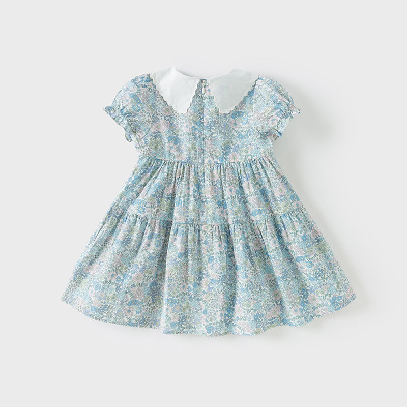 فستان بنات صيفي من القطن الخالص بأكمام منفوشة بطباعة زهرية