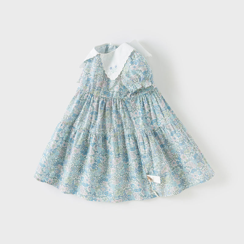 فستان بنات صيفي من القطن الخالص بأكمام منفوشة بطباعة زهرية