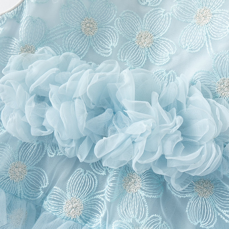 فستان صيفي للبنات الصغيرات من التول الأزرق مع دانتيل (يشمل طوق شعر)