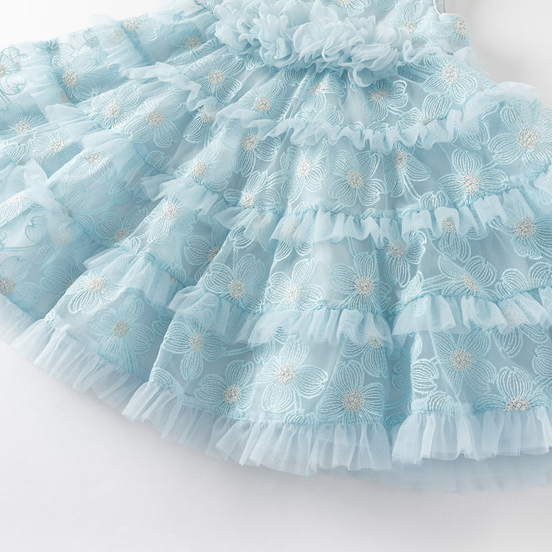 فستان صيفي للبنات الصغيرات من التول الأزرق مع دانتيل (يشمل طوق شعر)