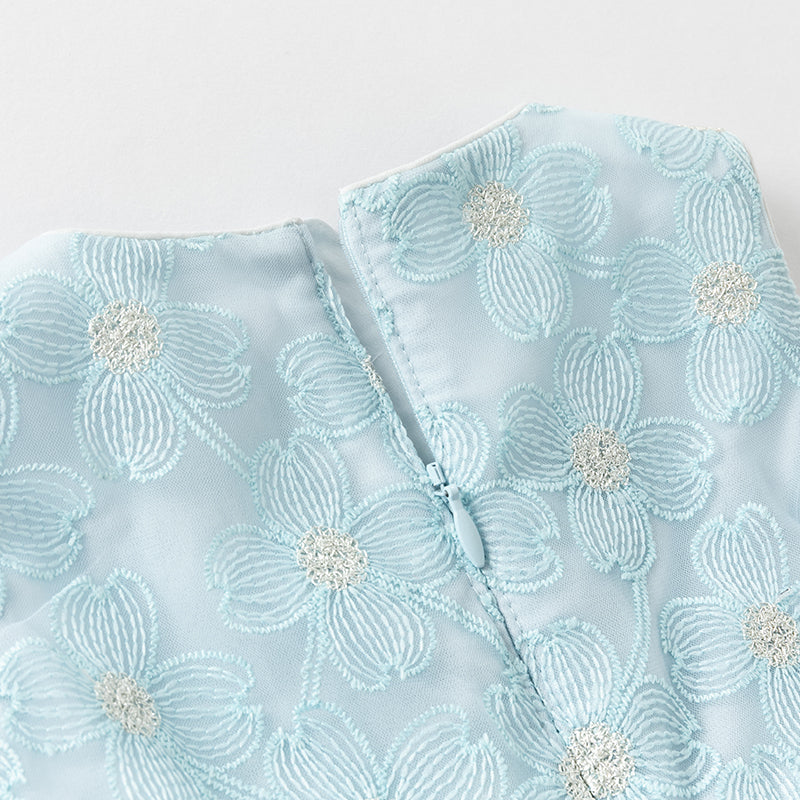 فستان صيفي للبنات الصغيرات من التول الأزرق مع دانتيل (يشمل طوق شعر)