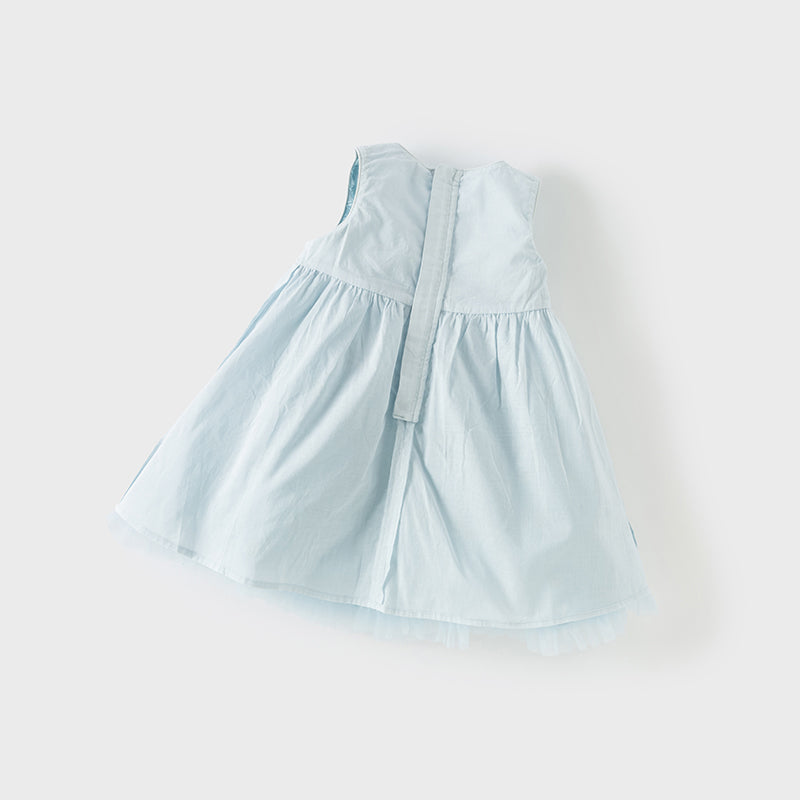 فستان صيفي للبنات الصغيرات من التول الأزرق مع دانتيل (يشمل طوق شعر)