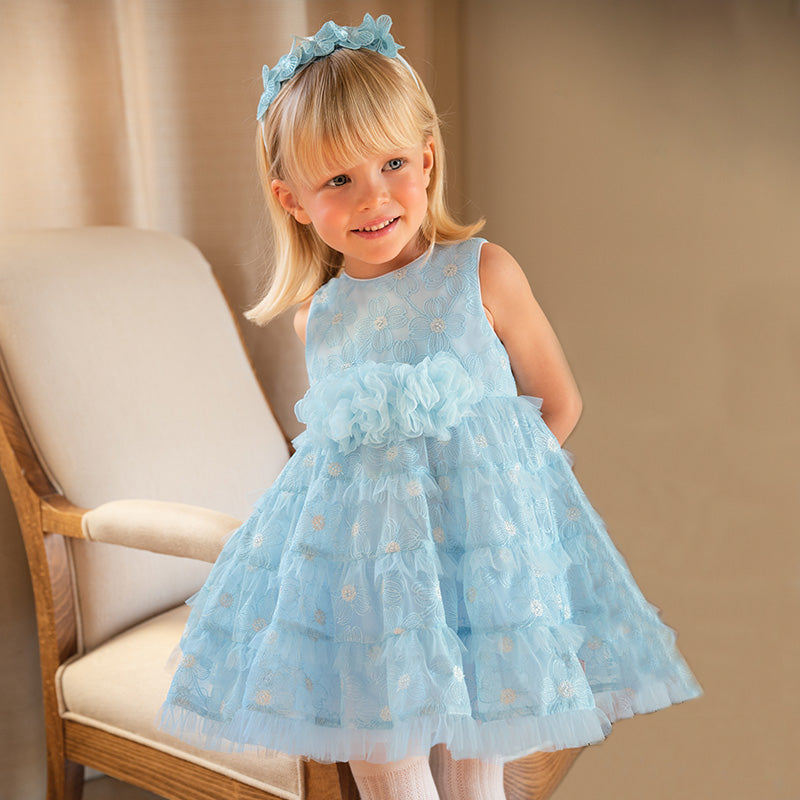 فستان صيفي للبنات الصغيرات من التول الأزرق مع دانتيل (يشمل طوق شعر)