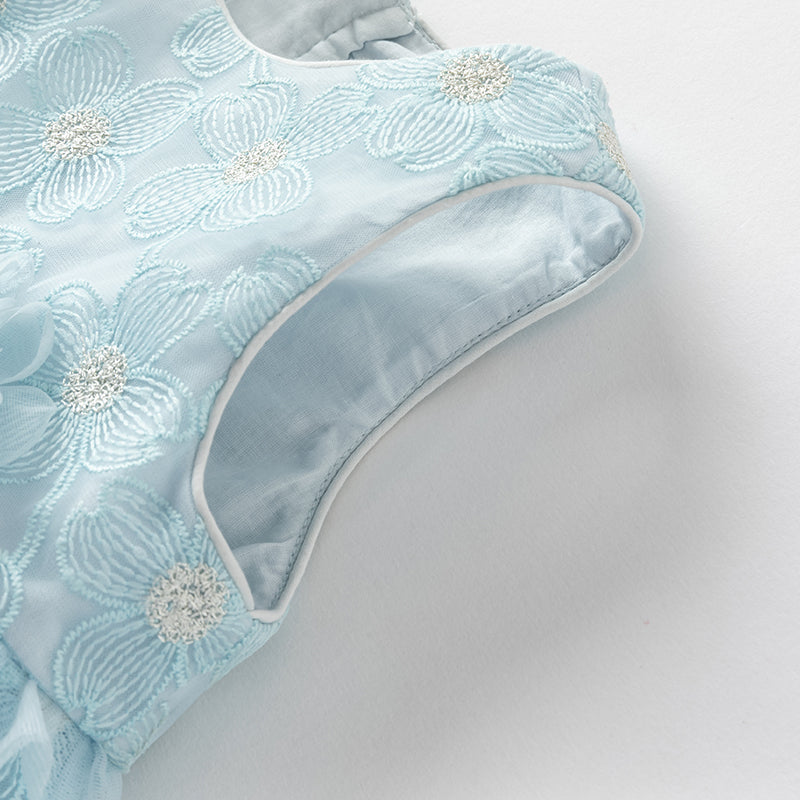 فستان صيفي للبنات الصغيرات من التول الأزرق مع دانتيل (يشمل طوق شعر)