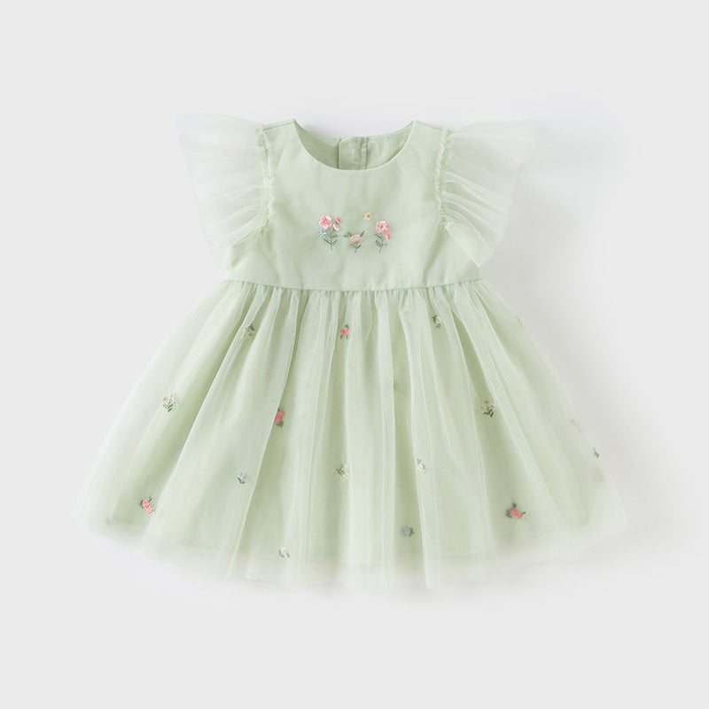 فستان صيفي للبنات الصغيرات من التول باللون الأخضر بتصميم أنيق وراقي