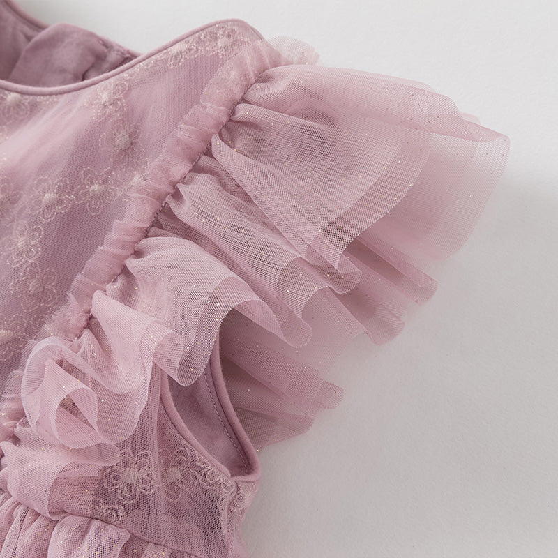 فستان صيفي للبنات الصغيرات من التول باللون بنفسجي غباري بأكمام مزخرفة متطايرة (يشمل حقيبة كروس)