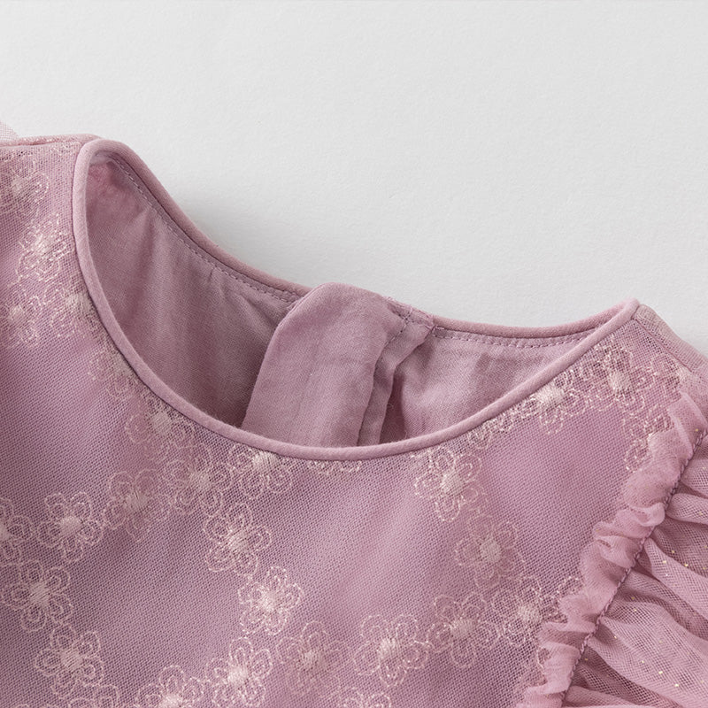 فستان صيفي للبنات الصغيرات من التول باللون بنفسجي غباري بأكمام مزخرفة متطايرة (يشمل حقيبة كروس)