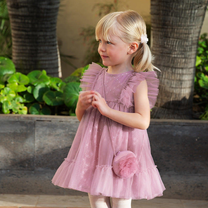 فستان صيفي للبنات الصغيرات من التول باللون بنفسجي غباري بأكمام مزخرفة متطايرة (يشمل حقيبة كروس)