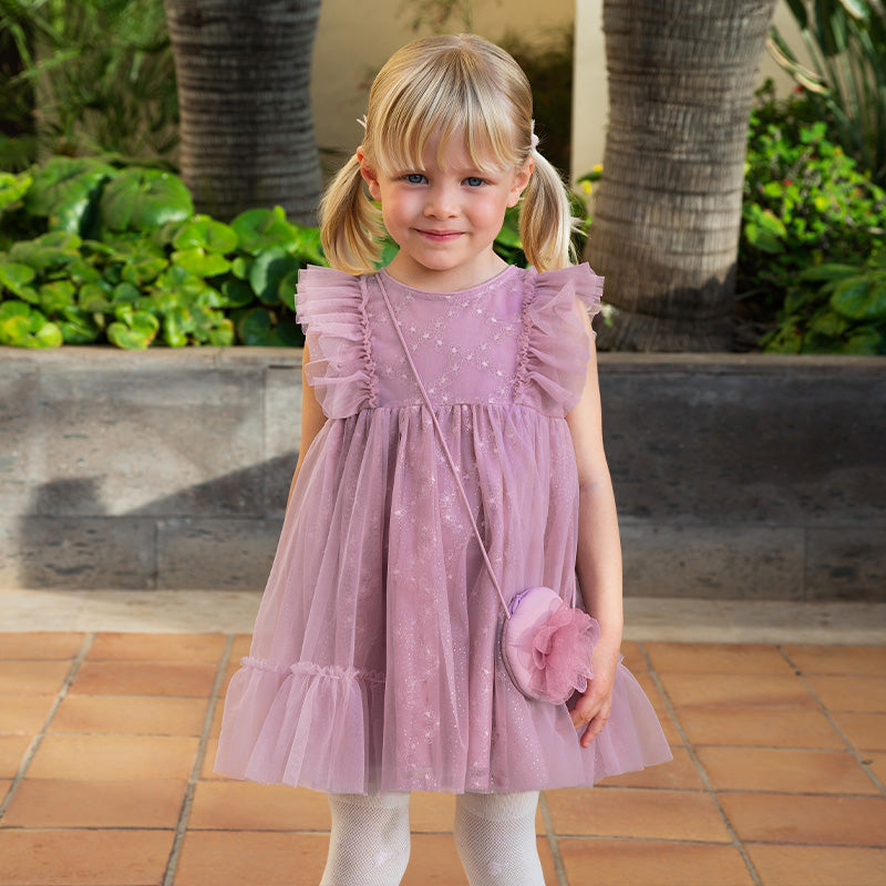 فستان صيفي للبنات الصغيرات من التول باللون بنفسجي غباري بأكمام مزخرفة متطايرة (يشمل حقيبة كروس)