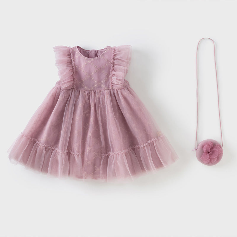 فستان صيفي للبنات الصغيرات من التول باللون بنفسجي غباري بأكمام مزخرفة متطايرة (يشمل حقيبة كروس)