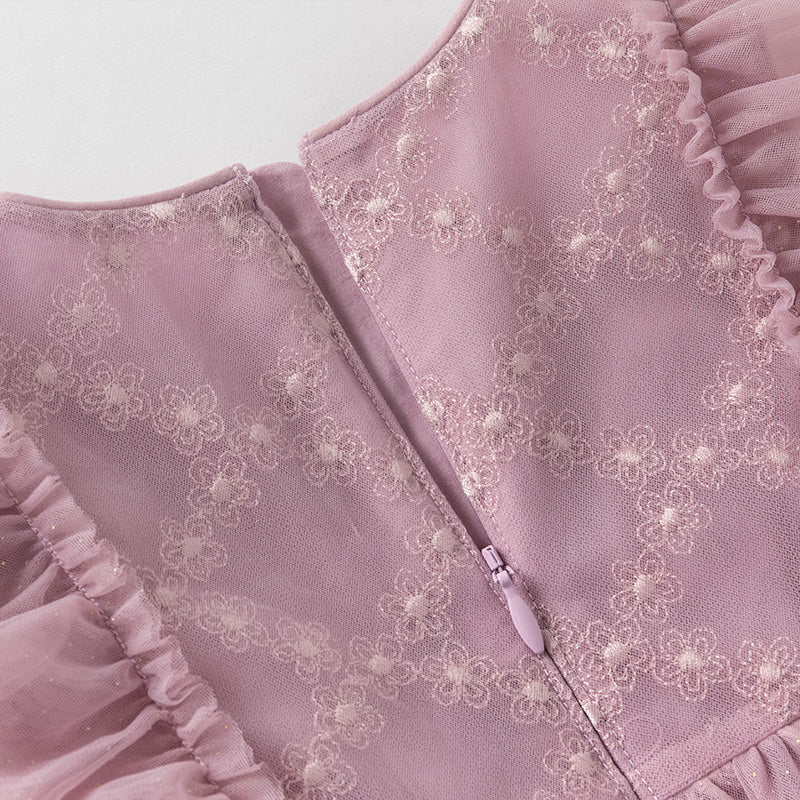 فستان صيفي للبنات الصغيرات من التول باللون بنفسجي غباري بأكمام مزخرفة متطايرة (يشمل حقيبة كروس)