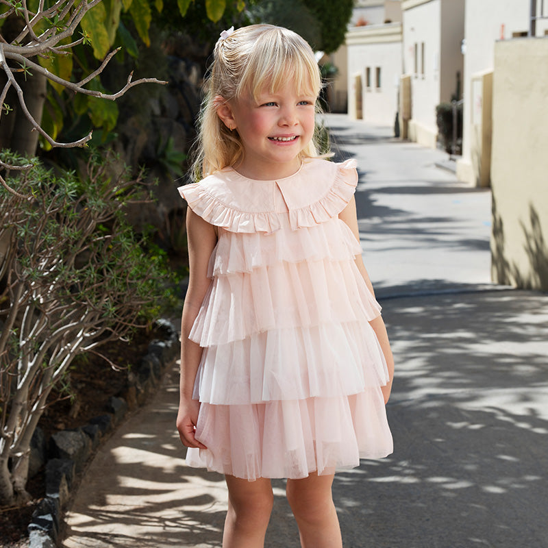 فستان تول طبقات مكشكش للبنات الصغيرات باللون البنفسجي - فستان أميرة بياقة قطنية لفصل الصيف