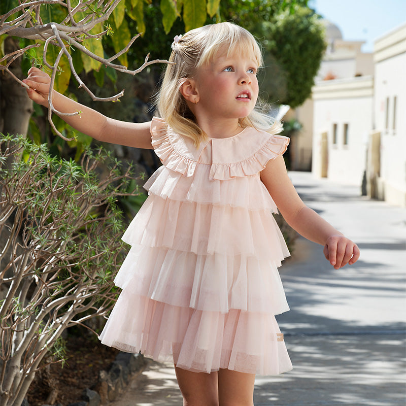 فستان تول طبقات مكشكش للبنات الصغيرات باللون البنفسجي - فستان أميرة بياقة قطنية لفصل الصيف