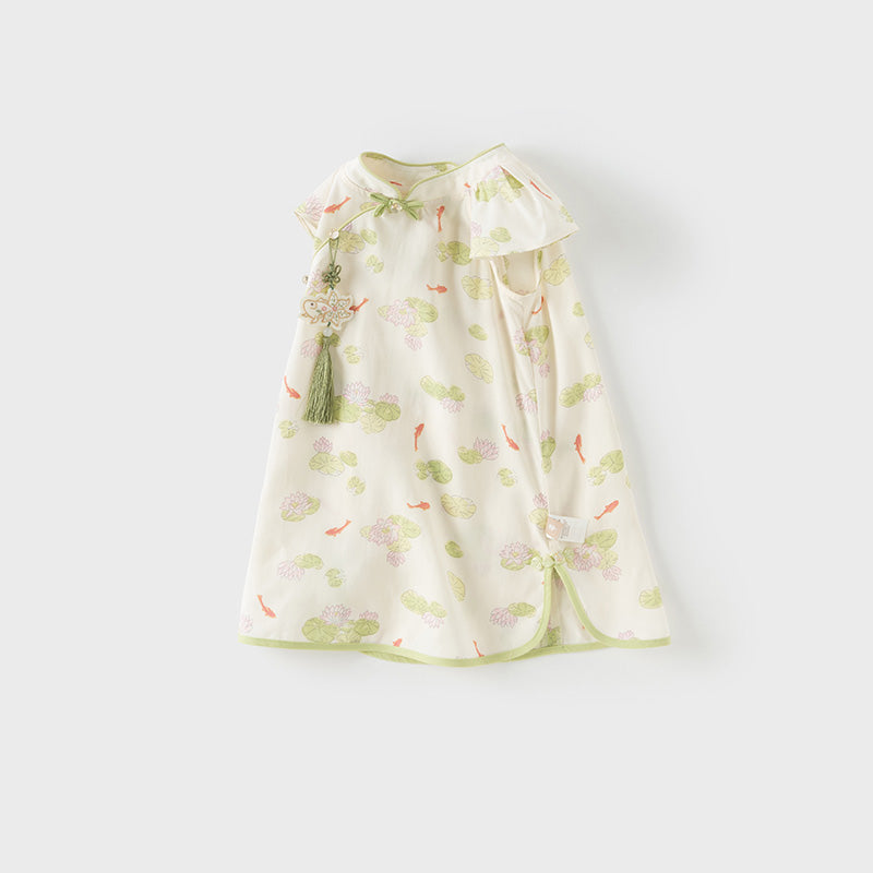 فستان بنات صيفي بطبعة لوتس بأسلوب صيني عصري (يشمل زينة تدلي من الخيوط الصينية)