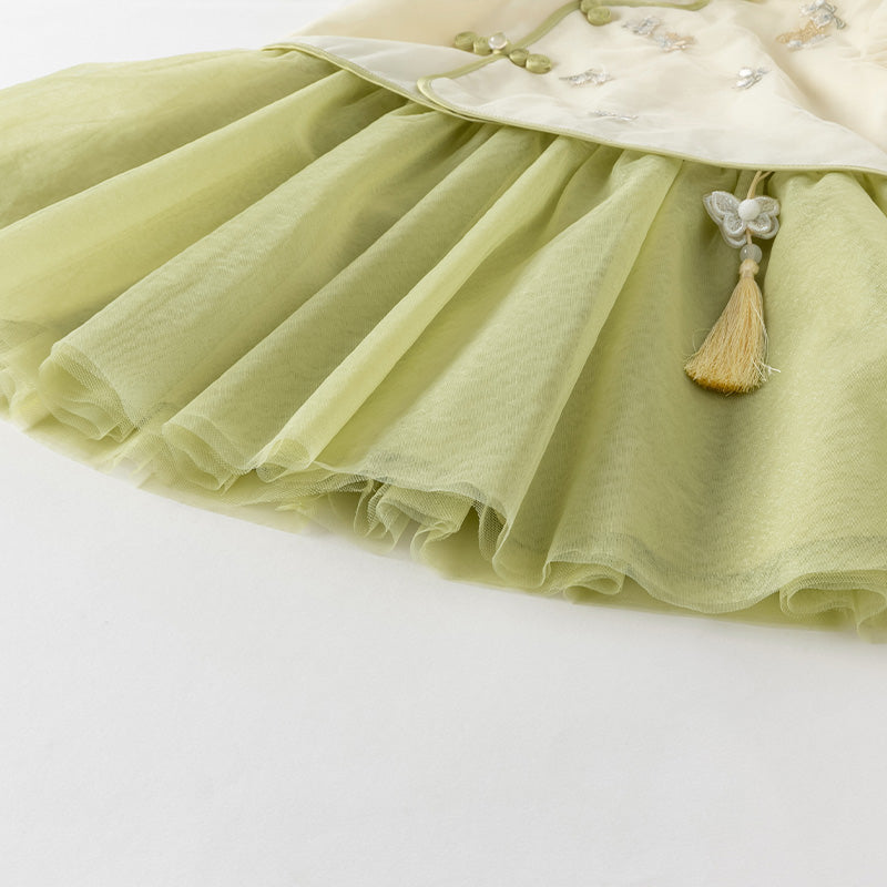 فستان بنات صيفي من التول باللون الأصفر الفاتح بأسلوب صيني عصري