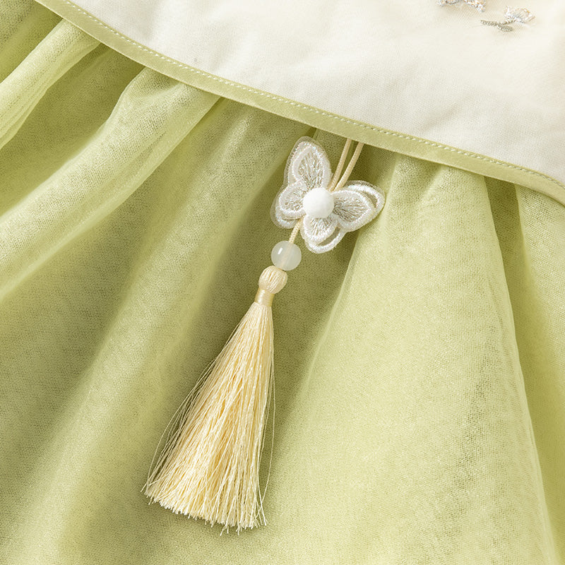 فستان بنات صيفي من التول باللون الأصفر الفاتح بأسلوب صيني عصري