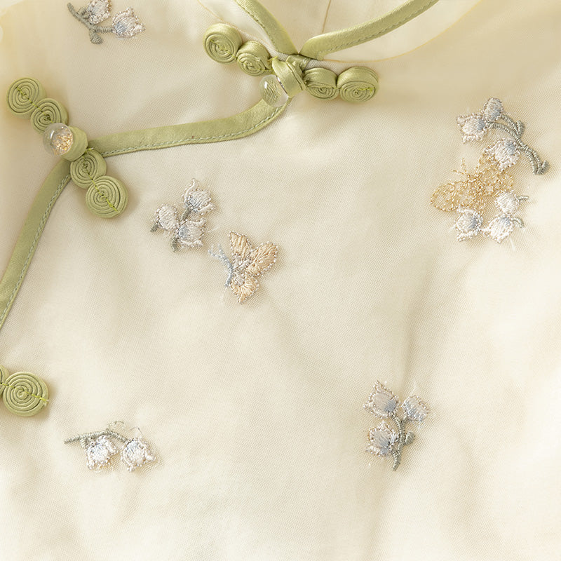 فستان بنات صيفي من التول باللون الأصفر الفاتح بأسلوب صيني عصري