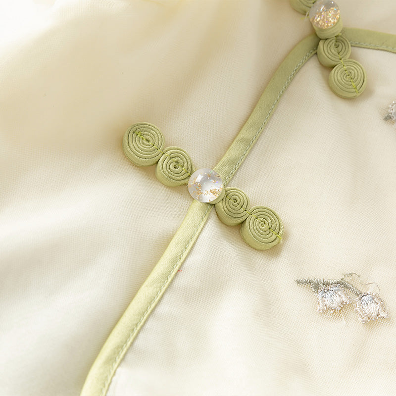 فستان بنات صيفي من التول باللون الأصفر الفاتح بأسلوب صيني عصري