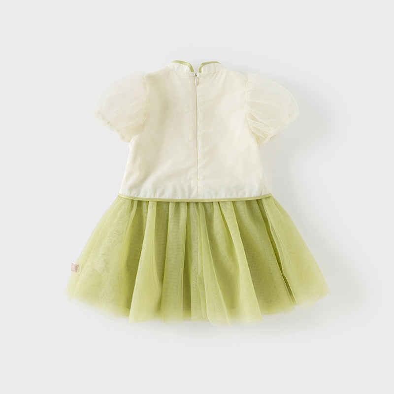 فستان بنات صيفي من التول باللون الأصفر الفاتح بأسلوب صيني عصري