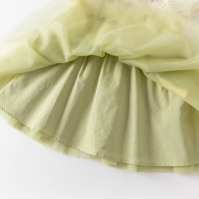 فستان بنات صيفي من التول باللون الأصفر الفاتح بأسلوب صيني عصري