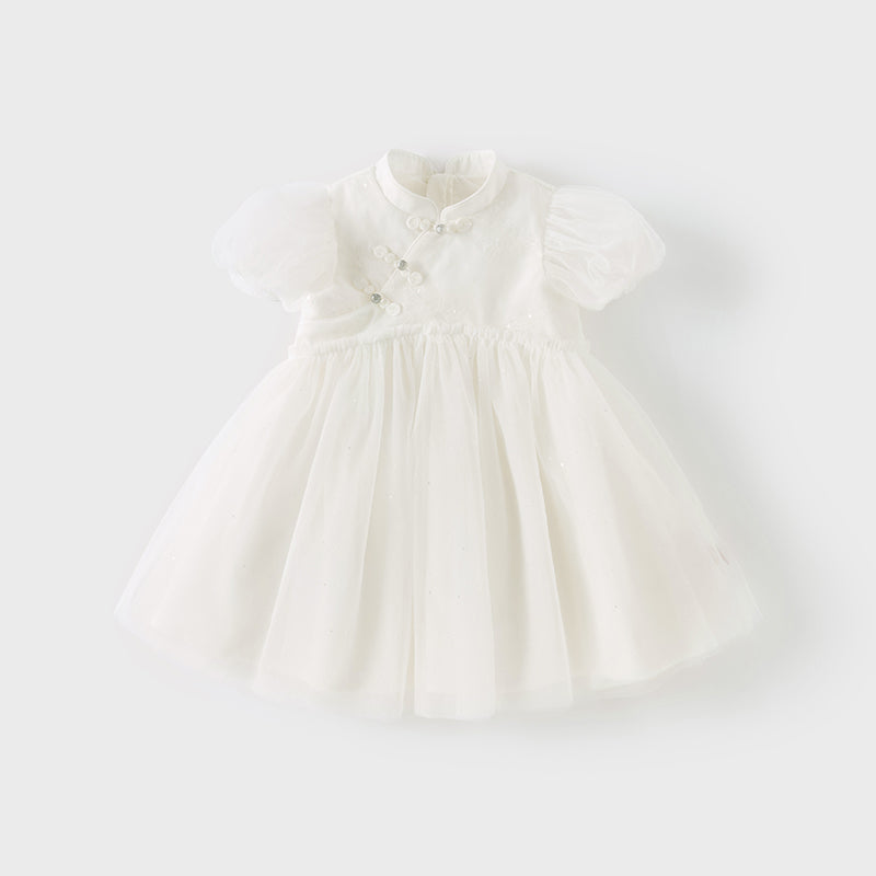 فستان شبكي للبنات مناسب لفصل الصيف باللون الأبيض بتصميم صيني