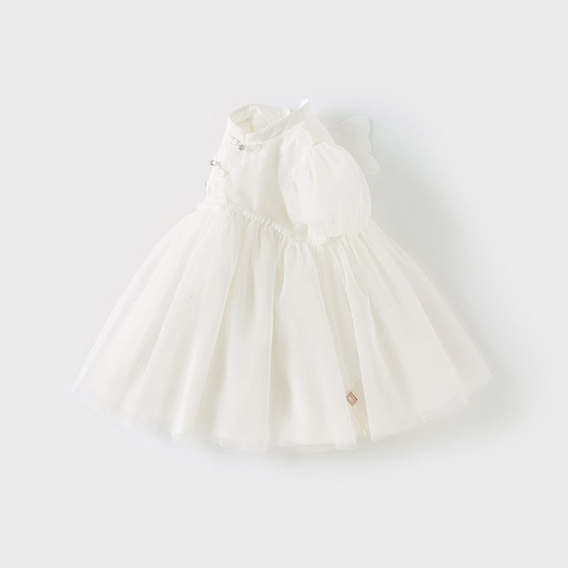 فستان شبكي للبنات مناسب لفصل الصيف باللون الأبيض بتصميم صيني