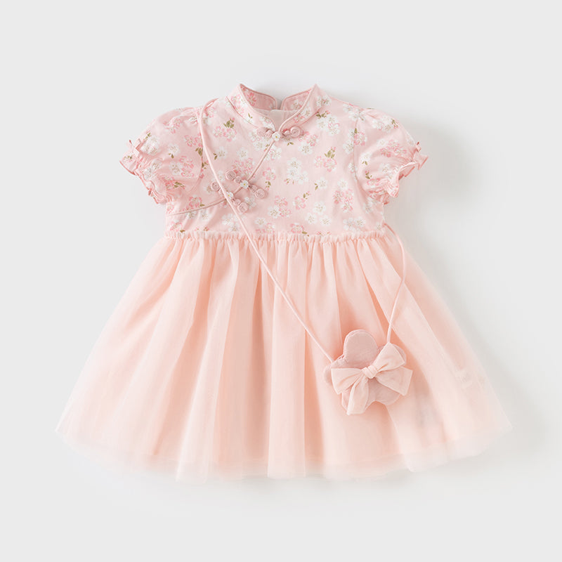 فستان تول صيفي للبنات باللون الوردي مع عناصر تصميم صيني (يشمل حقيبة كروس)