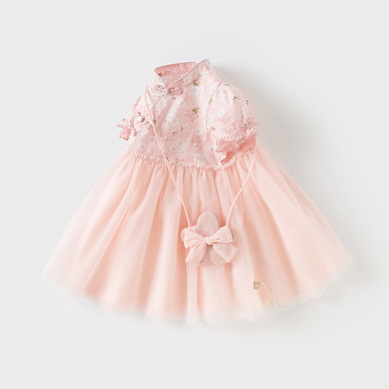 فستان تول صيفي للبنات باللون الوردي مع عناصر تصميم صيني (يشمل حقيبة كروس)