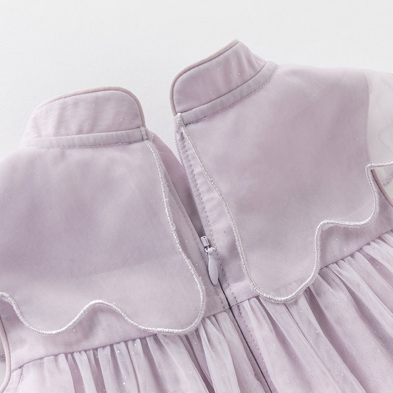 فستان صيفي للفتيات الصغيرات باللون البنفسجي الغباري من قماش شبكي مطرز بدون أكمام على طراز الأميرة