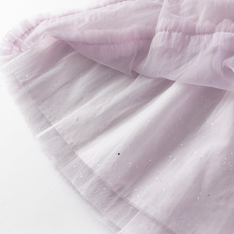 فستان صيفي للفتيات الصغيرات باللون البنفسجي الغباري من قماش شبكي مطرز بدون أكمام على طراز الأميرة