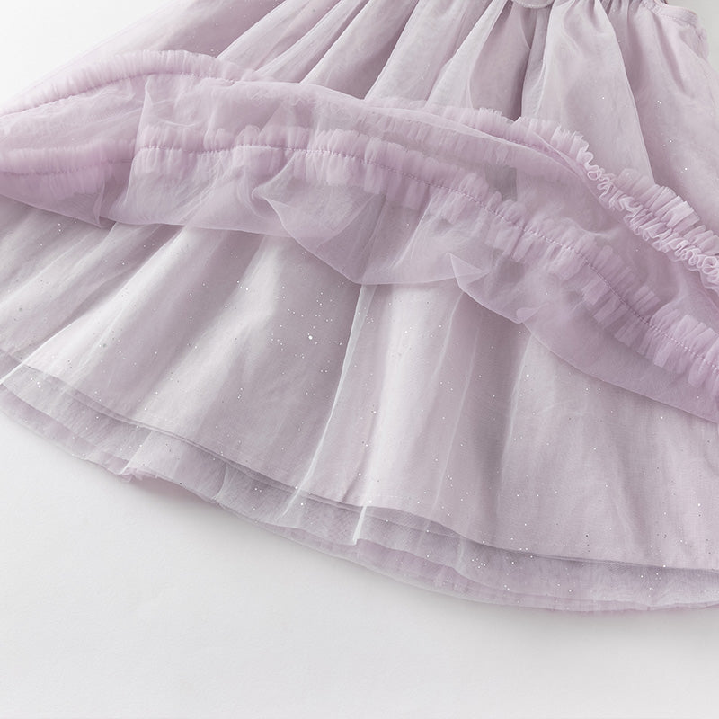 فستان صيفي للفتيات الصغيرات باللون البنفسجي الغباري من قماش شبكي مطرز بدون أكمام على طراز الأميرة