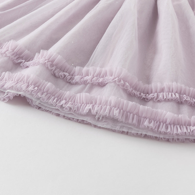 فستان صيفي للفتيات الصغيرات باللون البنفسجي الغباري من قماش شبكي مطرز بدون أكمام على طراز الأميرة
