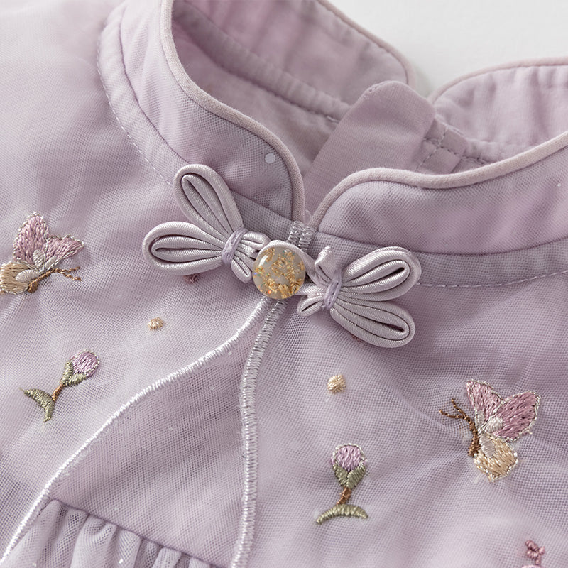 فستان صيفي للفتيات الصغيرات باللون البنفسجي الغباري من قماش شبكي مطرز بدون أكمام على طراز الأميرة