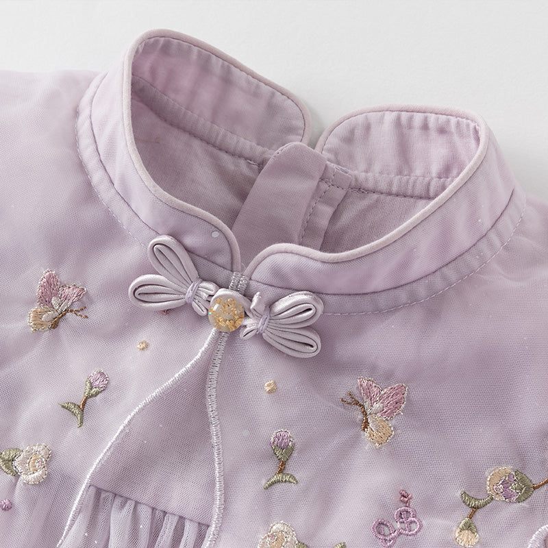 فستان صيفي للفتيات الصغيرات باللون البنفسجي الغباري من قماش شبكي مطرز بدون أكمام على طراز الأميرة