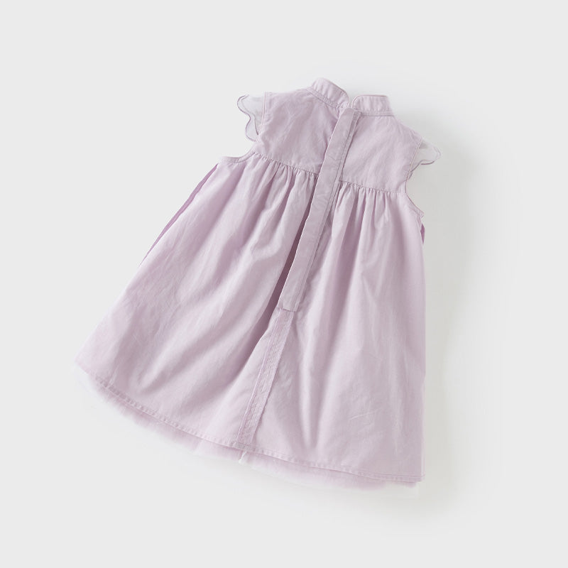 فستان صيفي للفتيات الصغيرات باللون البنفسجي الغباري من قماش شبكي مطرز بدون أكمام على طراز الأميرة