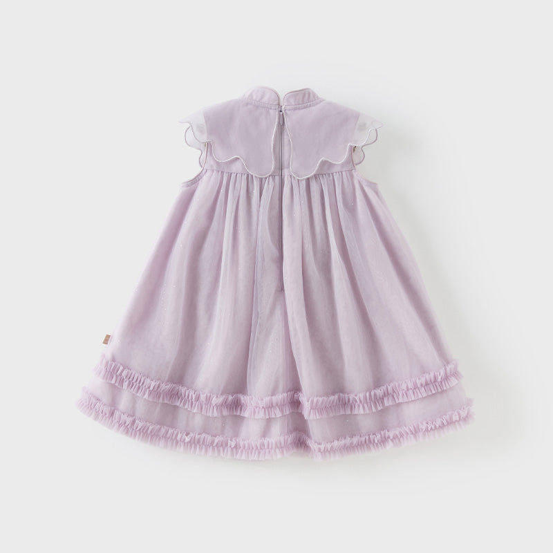 فستان صيفي للفتيات الصغيرات باللون البنفسجي الغباري من قماش شبكي مطرز بدون أكمام على طراز الأميرة