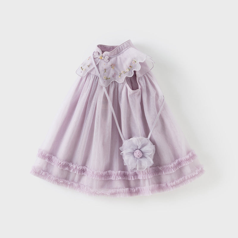 فستان صيفي للفتيات الصغيرات باللون البنفسجي الغباري من قماش شبكي مطرز بدون أكمام على طراز الأميرة