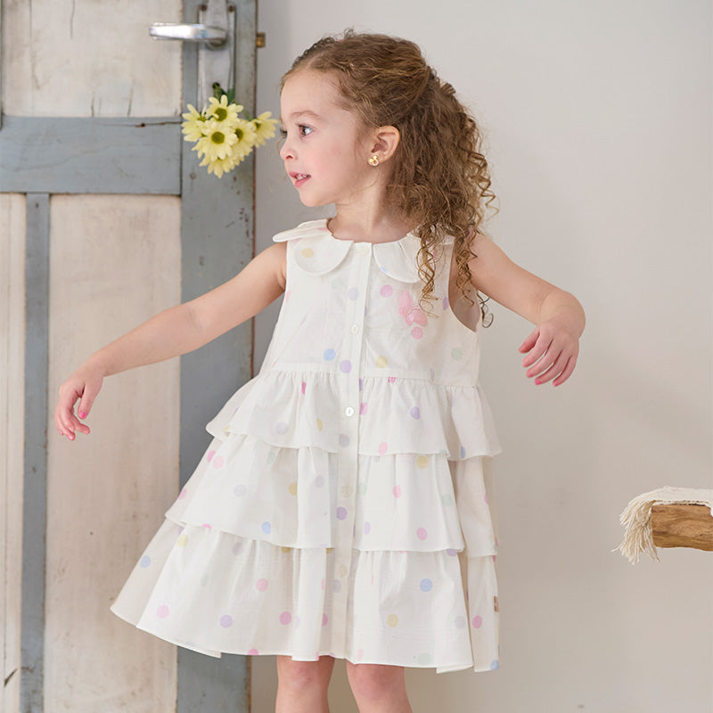 فستان بنات صيفي بدون أكمام من القطن بنقوش ملونة، بتصميم تنورة متعددة الطبقات