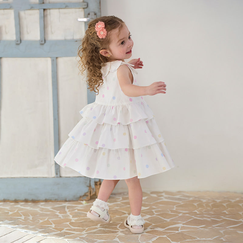 فستان بنات صيفي بدون أكمام من القطن بنقوش ملونة، بتصميم تنورة متعددة الطبقات