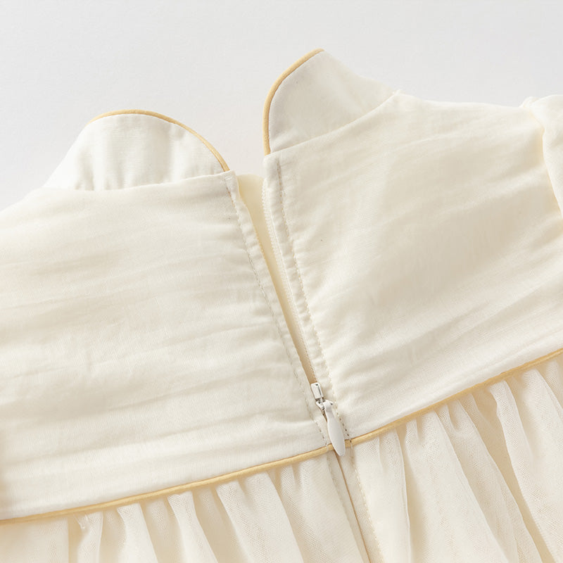 فستان بنات صيفي من التول باللون البيج بأسلوب صيني عصري (يشمل حقيبة كروس)