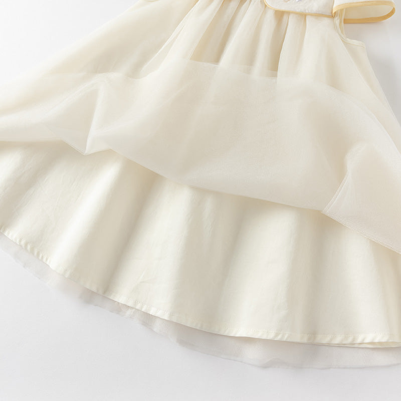 فستان بنات صيفي من التول باللون البيج بأسلوب صيني عصري (يشمل حقيبة كروس)