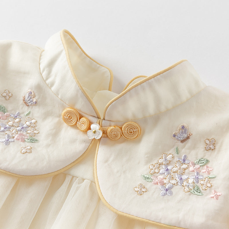 فستان بنات صيفي من التول باللون البيج بأسلوب صيني عصري (يشمل حقيبة كروس)