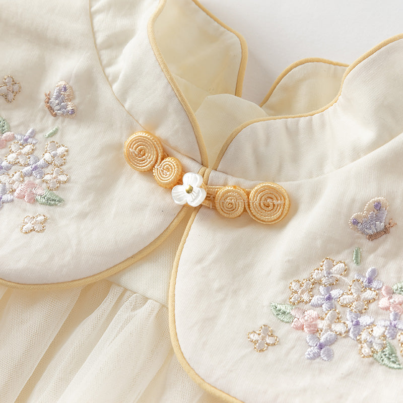 فستان بنات صيفي من التول باللون البيج بأسلوب صيني عصري (يشمل حقيبة كروس)