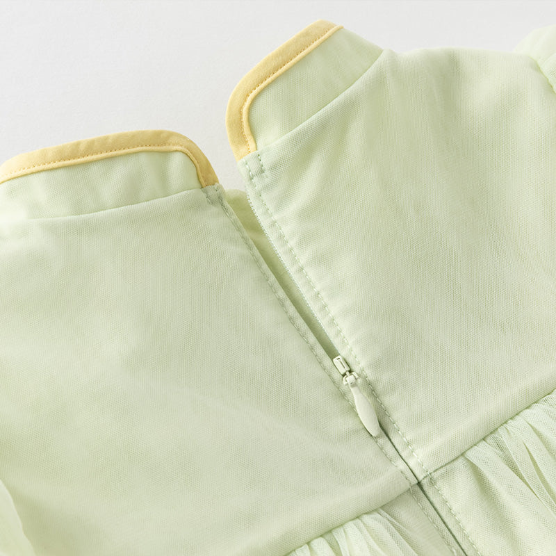 فستان بنات صيفي من التول باللون الأخضر الفاصولياء بأسلوب صيني عصري (يشمل حقيبة كروس)