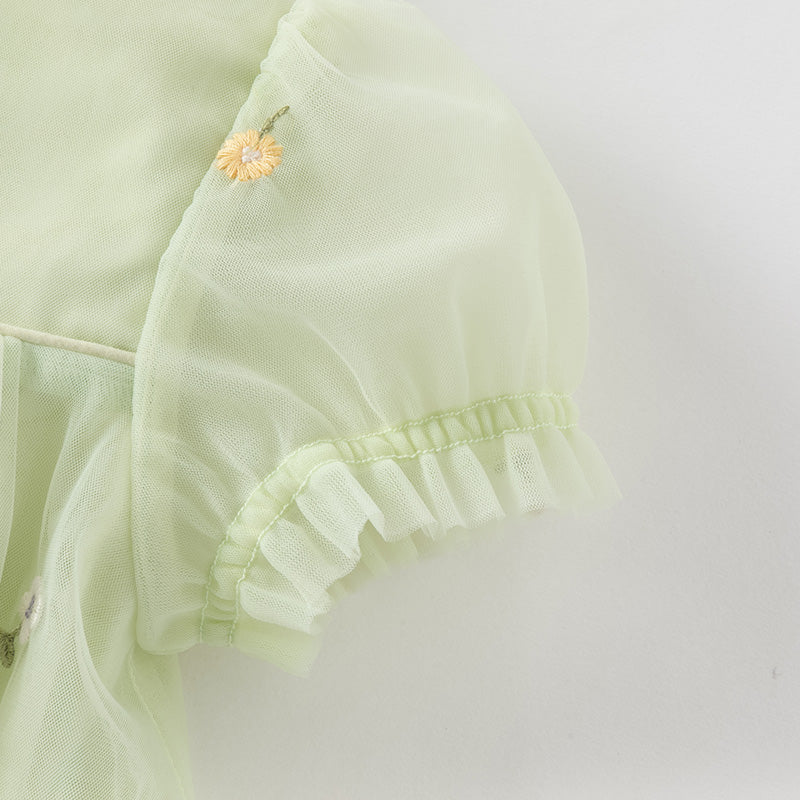 فستان بنات صيفي من التول باللون الأخضر الفاصولياء بأسلوب صيني عصري (يشمل حقيبة كروس)