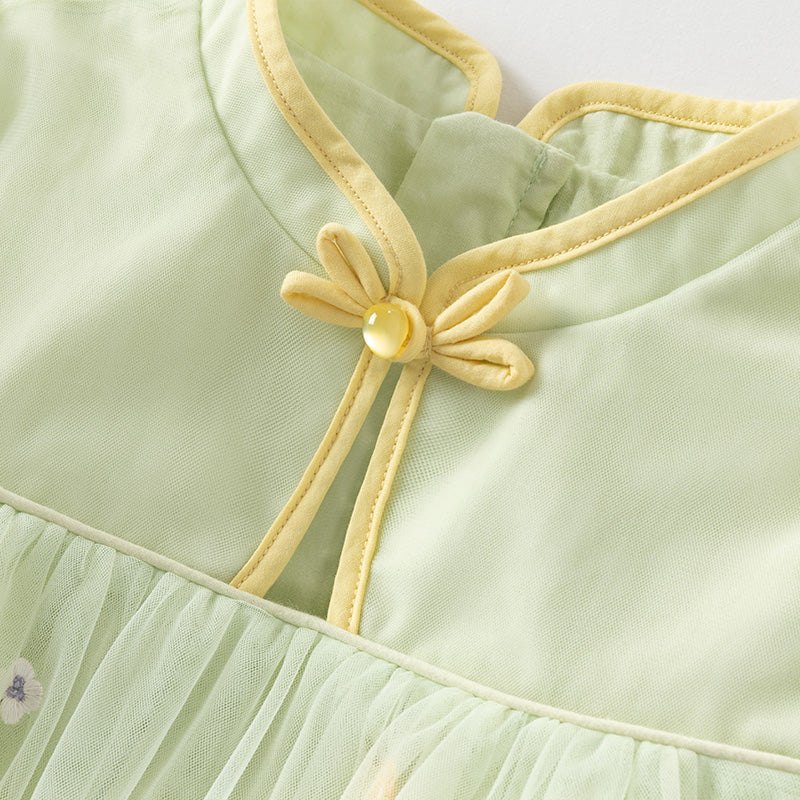 فستان بنات صيفي من التول باللون الأخضر الفاصولياء بأسلوب صيني عصري (يشمل حقيبة كروس)