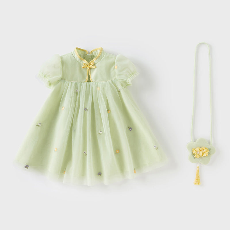 فستان بنات صيفي من التول باللون الأخضر الفاصولياء بأسلوب صيني عصري (يشمل حقيبة كروس)