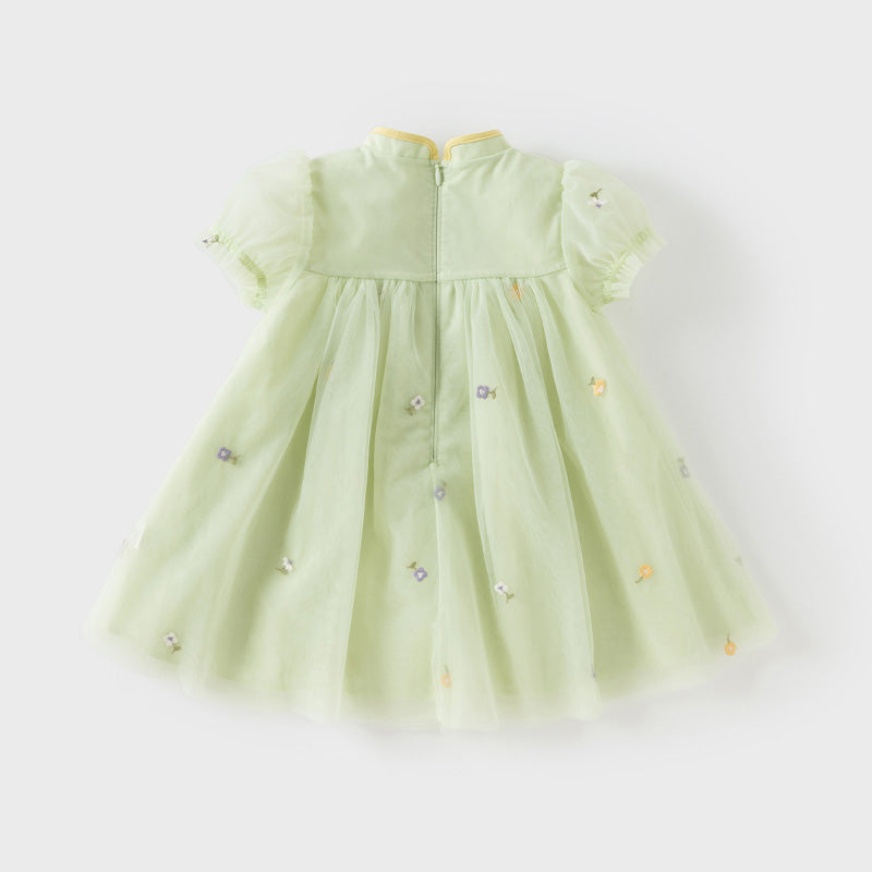 فستان بنات صيفي من التول باللون الأخضر الفاصولياء بأسلوب صيني عصري (يشمل حقيبة كروس)