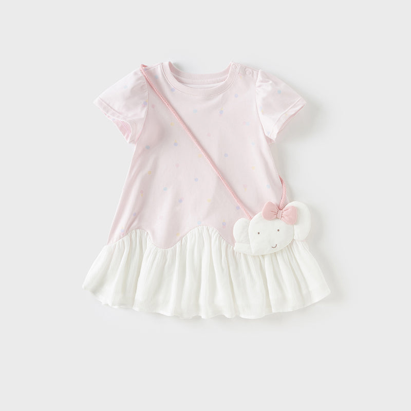 فستان بنات صيفي من القطن باللون الوردي بأسلوب غير رسمي (يشمل حقيبة كروس)